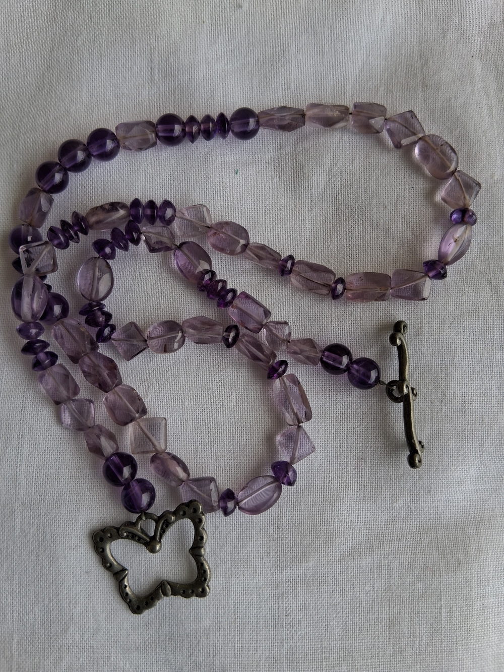 Amethyst Beaded Necklace with Butterfly Pendant - Handmade